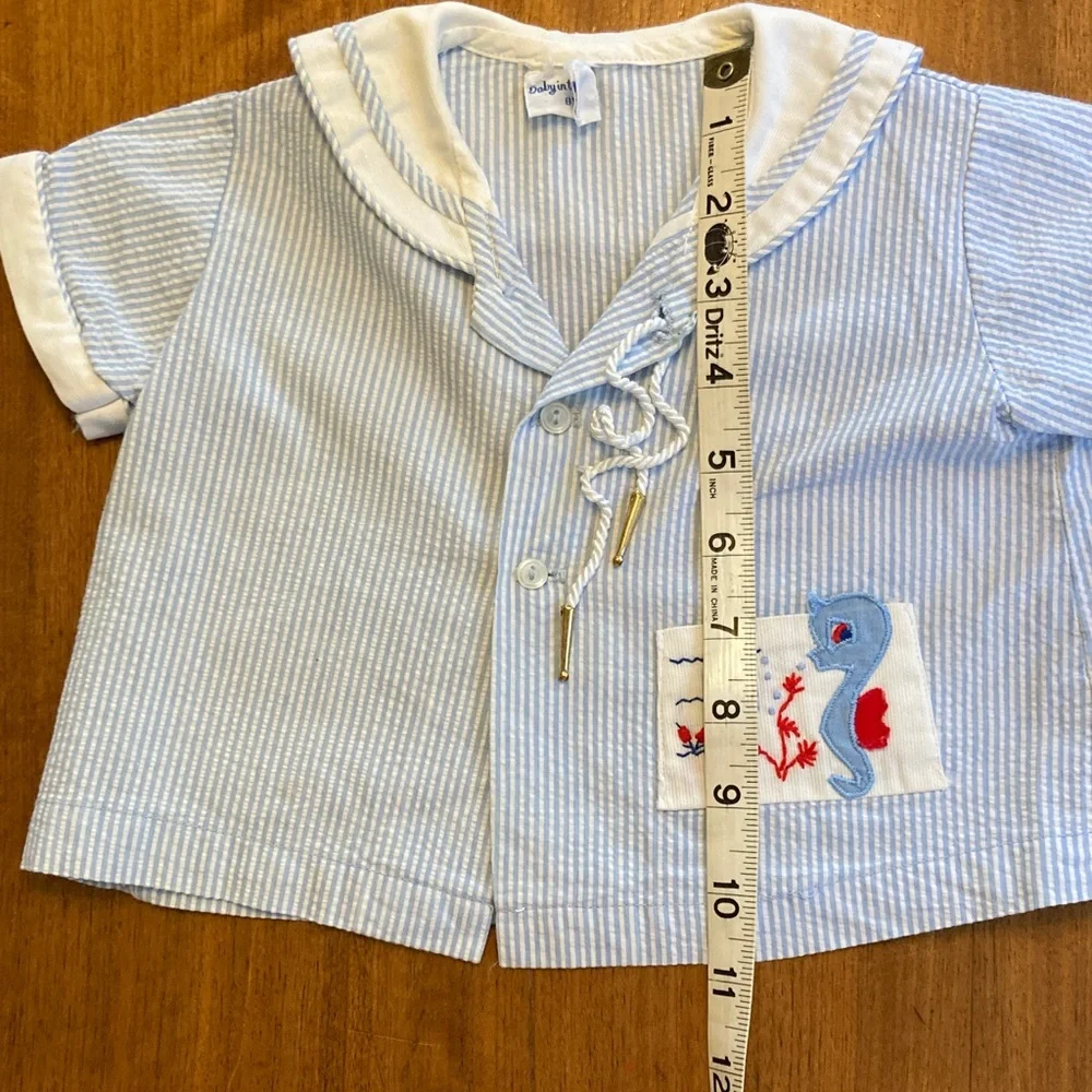 Vintage 60s Two Piece Baby Sailor Suit Blue and White Seahorse 3-6mo - Picture 8 of 11